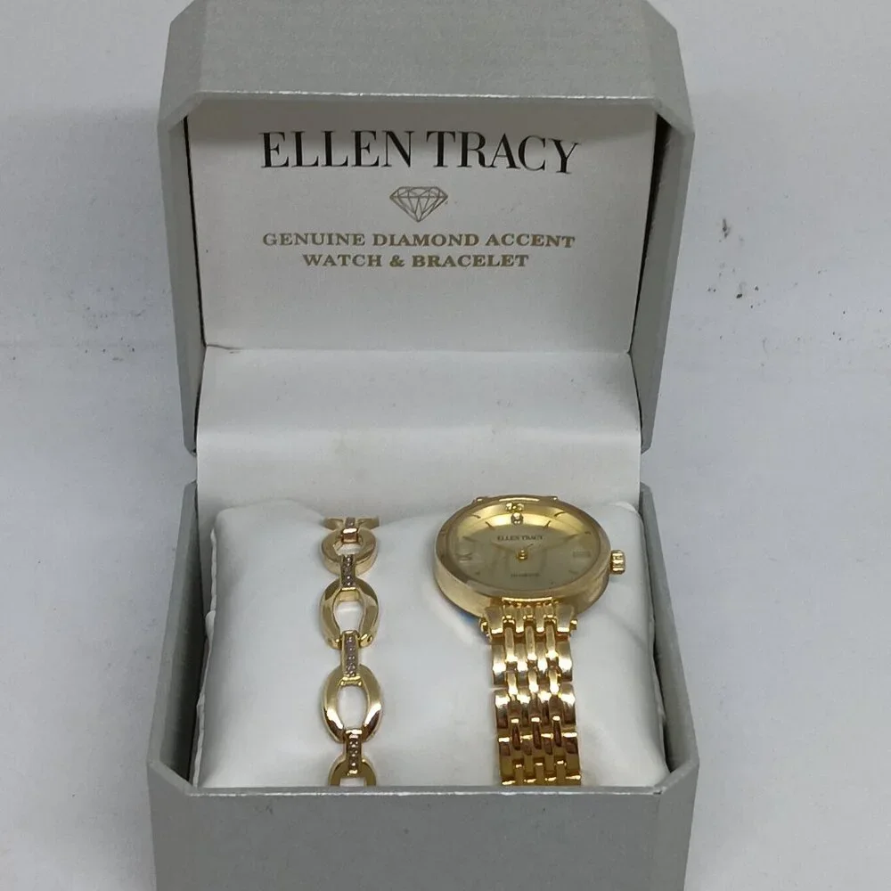 Ellen Tracy ET8065 Women's 32mm Gold Tone Diamond Dial Watch + Bracelet Set